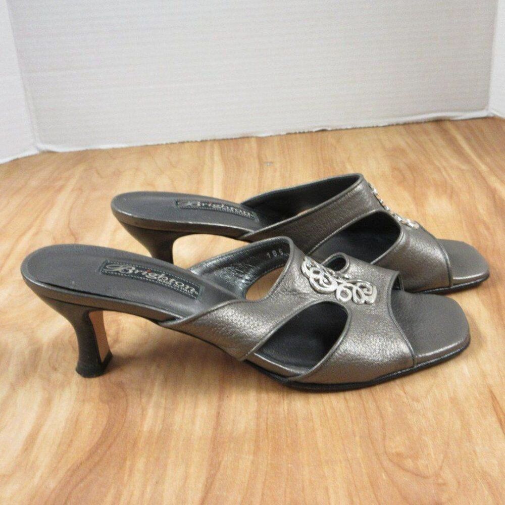BRIGHTON Tresor Grey Metallic Leather Slides Womens Size 7.5 Kitten Heel Sandals - Picture 4 of 12